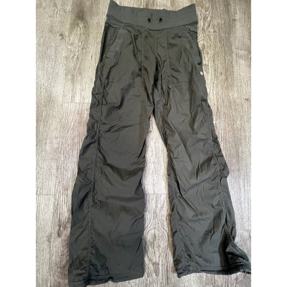 Lululemon Studio Pant III Unlined Dark Olive Green Pinstripe Ruched Size 2